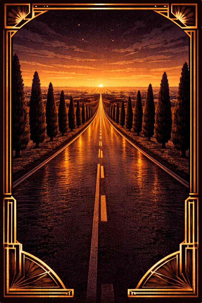 Illustration art déco d'une route gasconne menant vers Toulouse au crépuscule, pôle libertin le plus proche du Gers (32) et des Hautes-Pyrénées (65)