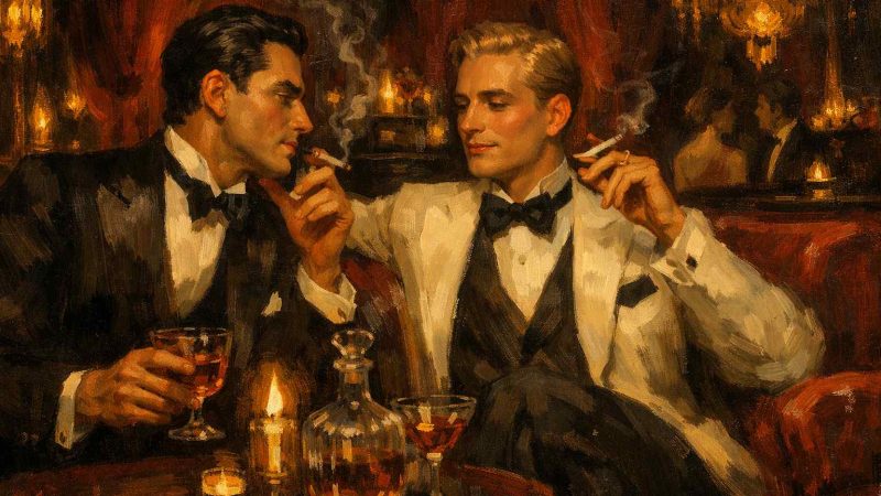 Peinture Art Déco de deux hommes élégants dans un club parisien des années 20