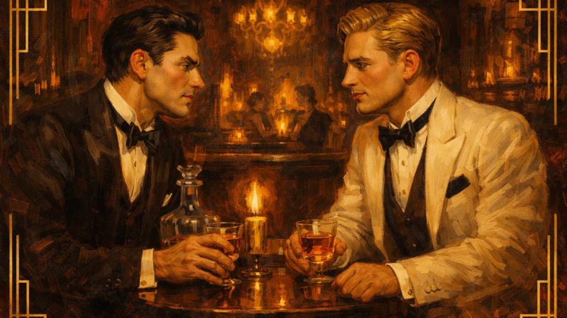Illustration comparatif Gaym vs Wyylde, peinture Art Déco de deux hommes élégants dans un bar parisien la nuit
