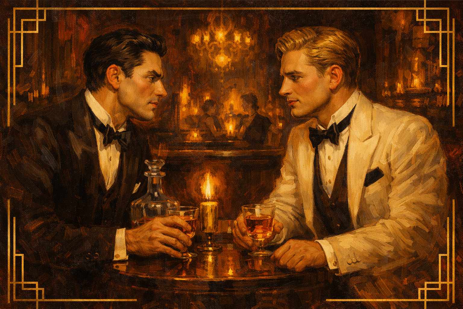 Illustration comparatif Gaym vs Wyylde, peinture Art Déco de deux hommes élégants dans un bar parisien la nuit