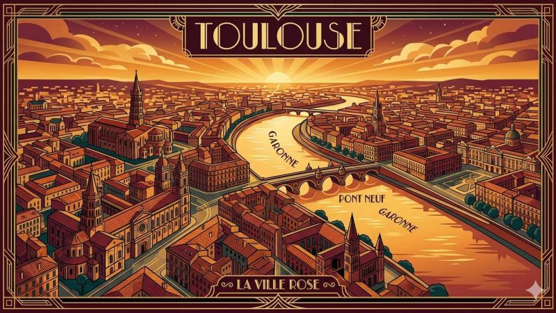 Vue art déco de Toulouse la nuit avec la Garonne illuminée, guide des clubs libertins et saunas de la ville rose