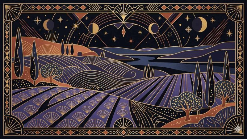 Clubs libertins Drôme - illustration Art Déco paysage provençal Valence et collines nocturnes