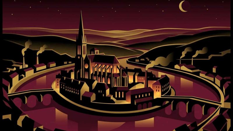 Illustration Art Déco années 1920 représentant Limoges la nuit, silhouette de la cathédrale Saint-Étienne au-dessus de la Vienne, ponts médiévaux et collines du Limousin sous un ciel étoilé doré.