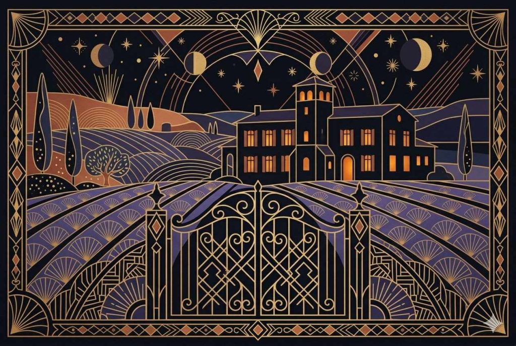    Art Deco 1920s Gatsby illustration, Provençal countryside manor at night,
    stylized lavender fields in foreground with geometric gold patterns,
    elegant mas silhouette with warm amber glowing windows,
    deep black sky with gold star motifs,
    ornamental iron gate in foreground, no realistic faces,
    landscape format 3:2, max-height restrained,
    flat graphic poster style, gold black and terracotta palette