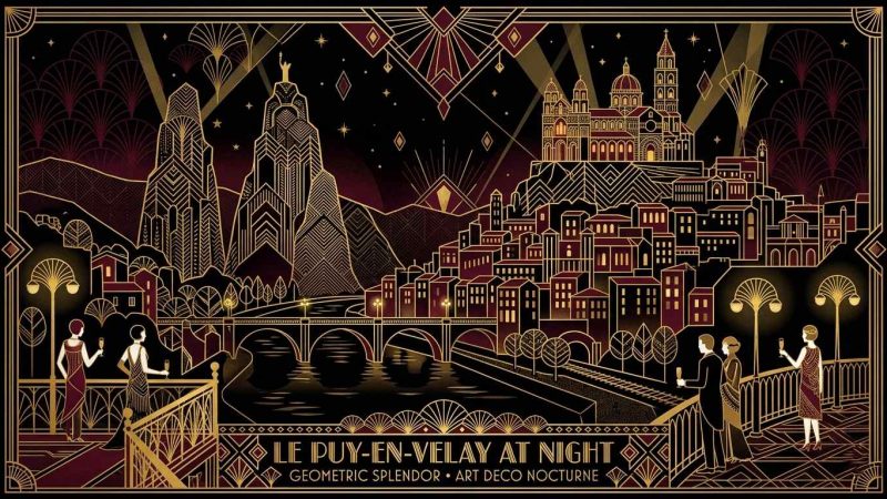 Libertinage en Haute-Loire - illustration Art Déco Le Puy-en-Velay rocher Corneille nuit