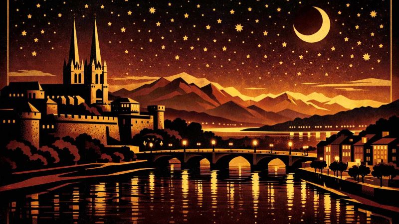 Illustration Art Déco années 1920 représentant Bayonne la nuit, silhouette de la cathédrale et des remparts basques, Pyrénées en arrière-plan et rivière Nive au premier plan, composition géométrique noir et or.