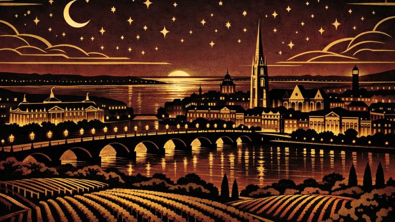 Illustration Art Déco années 1920 représentant Bordeaux la nuit, pont de pierre sur la Garonne, architecture bordelaise et vignobles de Gironde sous un ciel étoilé doré, composition géométrique noir et or.