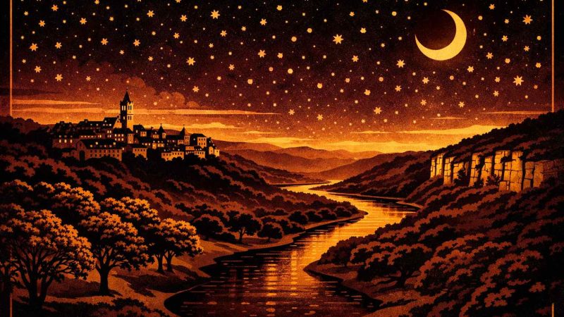 Illustration Art Déco années 1920 représentant Brive-la-Gaillarde la nuit, silhouette de la ville médiévale, rivière Corrèze et collines verdoyantes sous un ciel étoilé doré, composition géométrique noir et or.