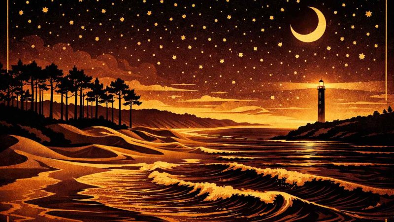 Illustration Art Déco années 1920 représentant les Landes la nuit, silhouette de la forêt de pins, dunes et océan Atlantique avec un phare sous un ciel étoilé doré, composition géométrique noir et or.