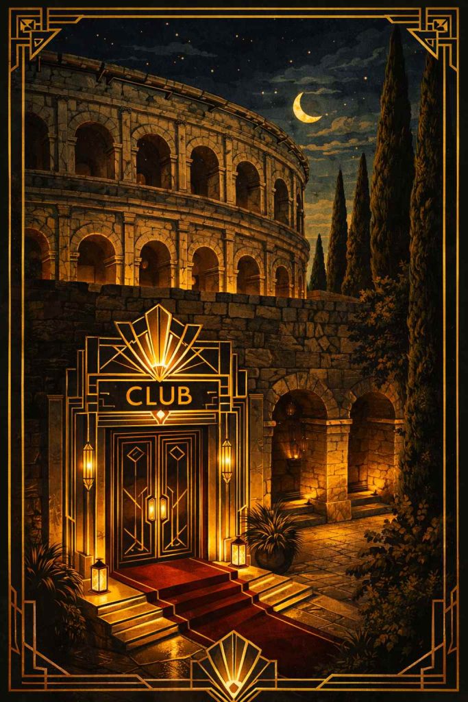 Illustration art déco des arènes de Nîmes la nuit, ambiance club libertin dans le Gard en Occitanie