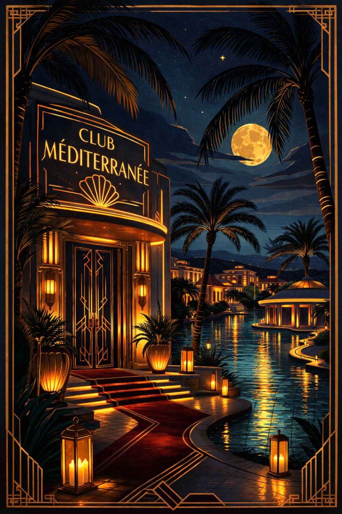 Illustration art déco du Cap d'Agde la nuit, village naturiste libertin de l'Hérault en Occitanie