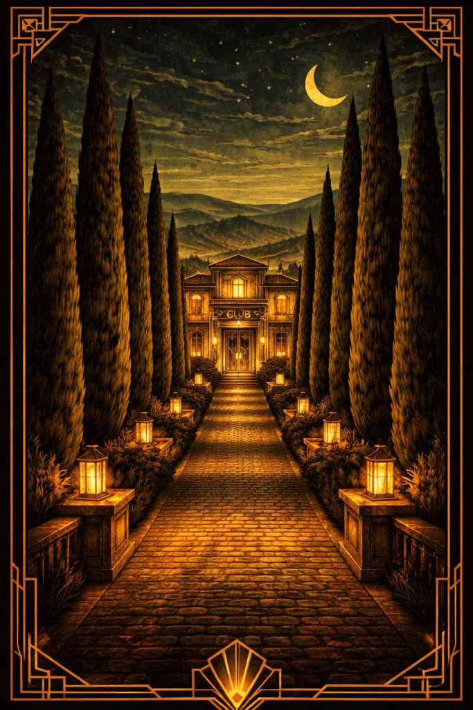 Illustration art déco d'une allée de cyprès menant à une villa occitane la nuit, entrée de club libertin à Roquesérière en Haute-Garonne (31)