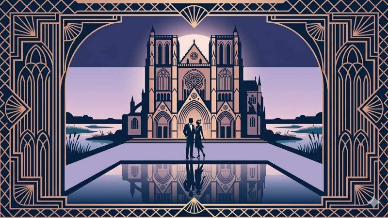 Affiche Art Déco années 20 illustrant les cinq portails de la cathédrale Saint-Étienne de Bourges au crépuscule, couple en tenue de soirée et marais du Berry en reflet