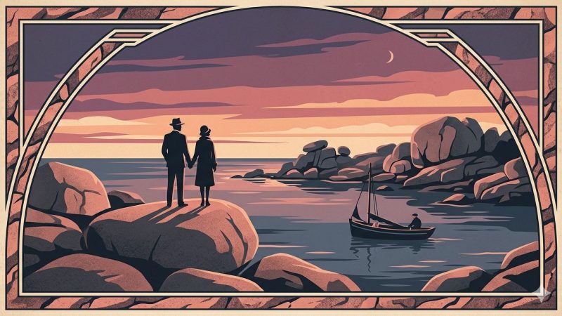 Alt : Affiche Art Déco années 20 illustrant la côte de granit rose des Côtes-d'Armor au crépuscule, rochers arrondis, couple en silhouette et barque bretonne dans la crique
