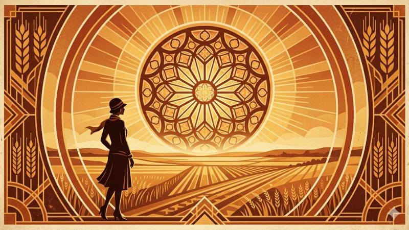 Affiche Art Déco années 20 illustrant la rose de la cathédrale de Chartres en soleil rayonnant, champs de blé de la Beauce et silhouette féminine en robe 1920