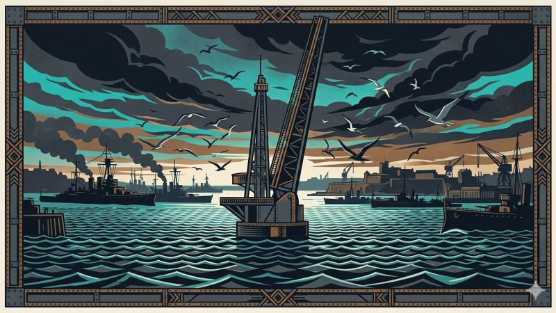 Alt : Affiche Art Déco années 20 illustrant le port de Brest à l'aube, silhouettes de navires sur la rade, pont de Recouvrance se dressant sous un ciel dramatique