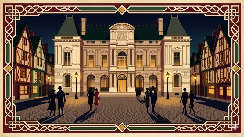 Alt : Affiche Art Déco années 20 illustrant la Place du Parlement de Bretagne à Rennes la nuit, façade classique dorée aux lampions, silhouettes élégantes sur les pavés