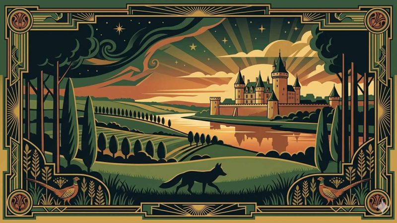 Affiche Art Déco années 20 illustrant la tour du Château Raoul de Châteauroux reflétée dans l'Indre, renard en silhouette et campagne berrichonne sous ciel étoilé