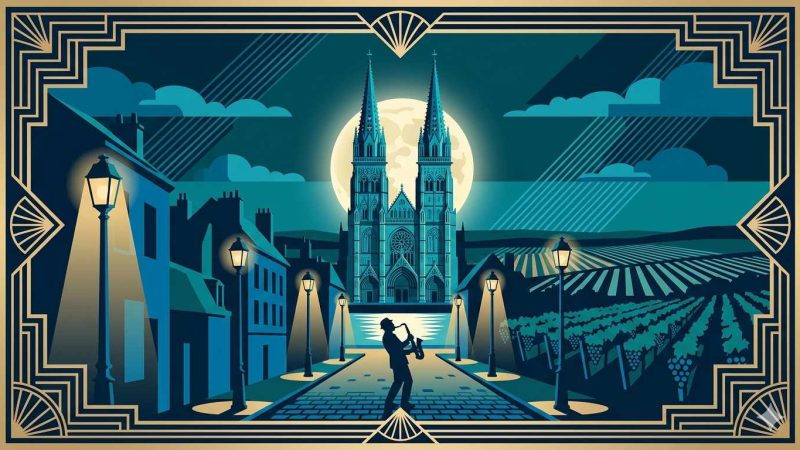 Affiche Art Déco années 20 illustrant la cathédrale Saint-Gatien de Tours sous la pleine lune, musicien de jazz en silhouette et vignes de Touraine
