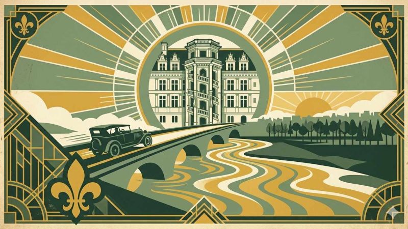 Affiche Art Déco années 20 illustrant le château royal de Blois et son escalier François Ier, automobile vintage sur le pont et forêt de Sologne à l'horizon