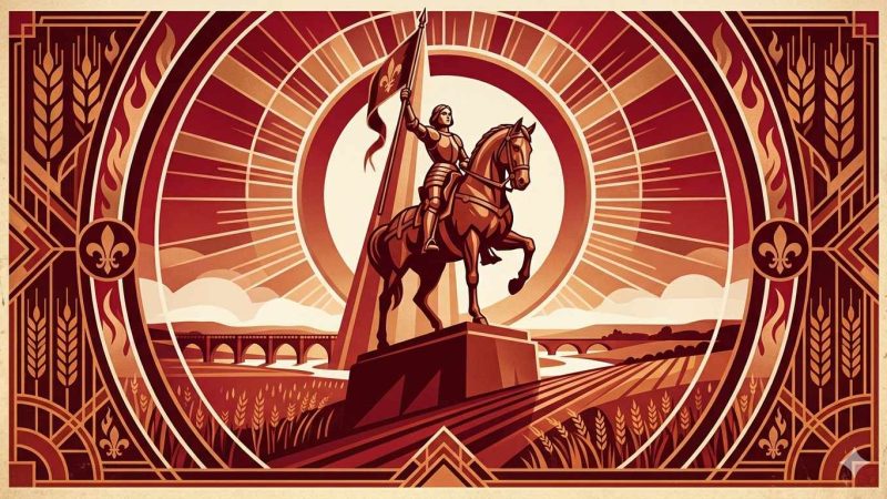 Affiche Art Déco années 20 illustrant la statue équestre de Jeanne d'Arc à Orléans, ponts de la Loire au lever du soleil et motifs fleur-de-lys