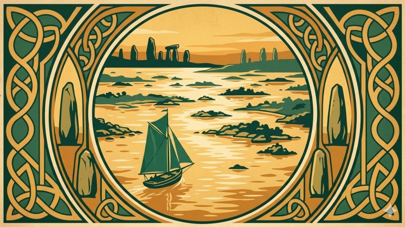 Alt : Affiche Art Déco années 20 illustrant le golfe du Morbihan à marée haute, îles émeraude, voilier breton traditionnel et menhirs en silhouette sur la rive dorée
