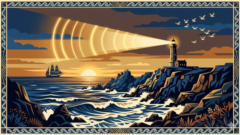 Alt : Affiche Art Déco années 20 illustrant la côte bretonne au coucher du soleil, falaises déchiquetées, phare historique et voilier en silhouette sur l'Atlantique