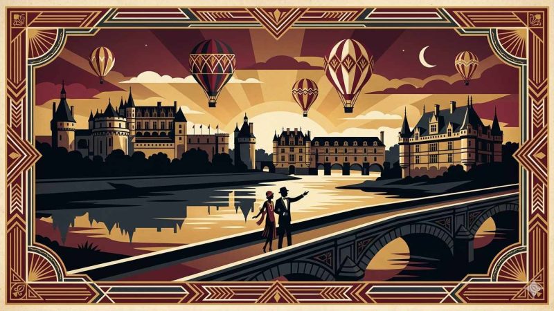 Affiche Art Déco années 20 illustrant les châteaux de la Loire au crépuscule, montgolfières et couple en silhouette sur un pont de pierre