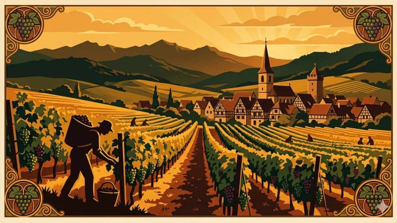 Affiche Art Déco années 20 illustrant la route des vins d'Alsace à la vendange, rangées de vignes vers un village médiéval, silhouette de vendangeur et montagnes vosgiennes à l'horizon