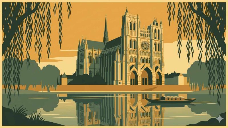 Affiche Art Déco années 20 illustrant la cathédrale d'Amiens vue depuis la Somme à l'heure dorée, façade gothique reflétée dans l'eau, saules pleureurs sur les berges et bachot traditionnel sur le fleuve
