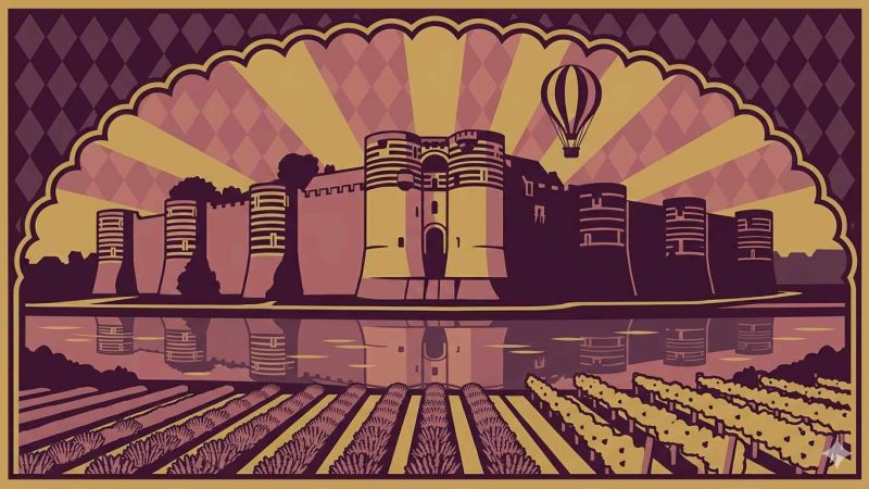 Affiche Art Déco années 20 illustrant le château d'Angers et ses dix-sept tours reflétées dans la Maine au crépuscule, montgolfière au-dessus des remparts