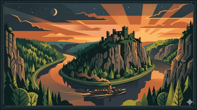 Affiche Art Déco années 20 illustrant la vallée de la Meuse ardennaise au coucher du soleil, falaises rocheuses, ruines médiévales en silhouette et bateau à vapeur sur le fleuve