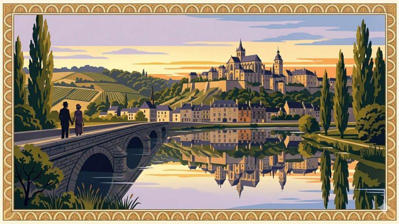 Affiche Art Déco années 20 illustrant la Meuse à Bar-le-Duc au crépuscule, maisons Renaissance de la ville haute reflétées dans l'eau, couple sur un pont de pierre et collines boisées