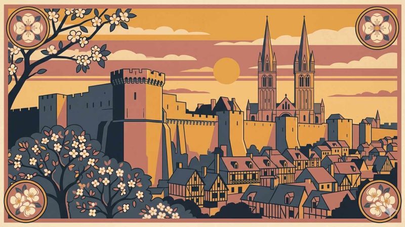 Affiche Art Déco années 20 illustrant les remparts du château de Caen à l'heure dorée, murailles médiévales dominant la ville, tours des abbayes en arrière-plan et pommiers en fleurs au premier plan