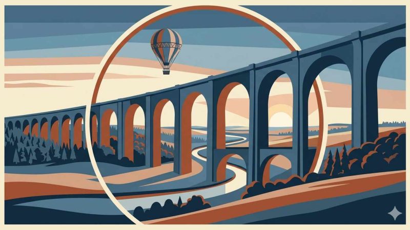Affiche Art Déco années 20 illustrant le viaduc de Chaumont enjambant la vallée de la Suize au lever du soleil, montgolfière au-dessus des arches et campagne haut-marnaise à l'horizon