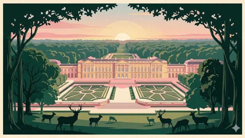 Affiche Art Déco années 20 illustrant le château de Compiègne depuis les jardins à l'aube, longue façade néoclassique rose dans la lumière matinale, forêt de Compiègne à l'horizon et silhouettes de cerfs au premier plan