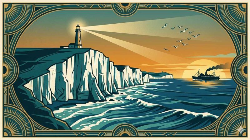 Affiche Art Déco années 20 illustrant la Côte d'Opale au coucher du soleil, falaises blanches plongeant dans la Manche, faisceau de phare et ferry en silhouette sur l'horizon, mouettes en formation géométrique