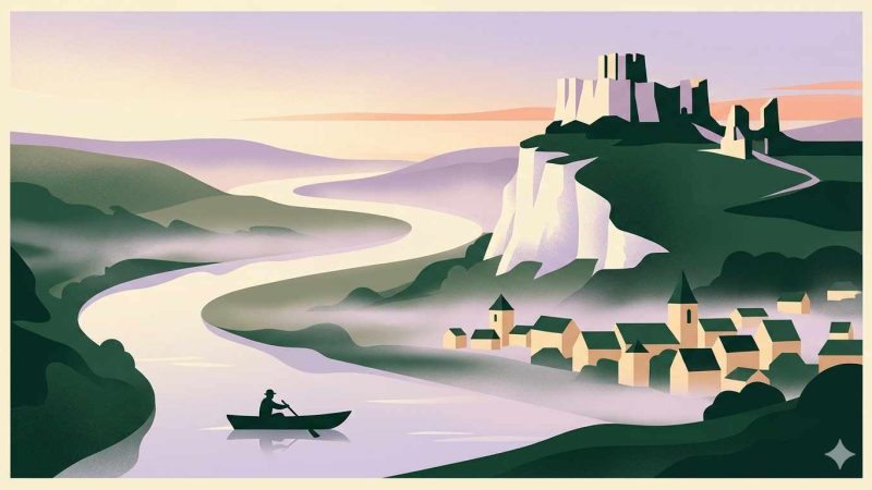 Affiche Art Déco années 20 illustrant la vallée de la Seine normande à l'aube, brume matinale sur les méandres, ruines du Château Gaillard sur les falaises calcaires et pêcheur en barque sur le fleuve calme