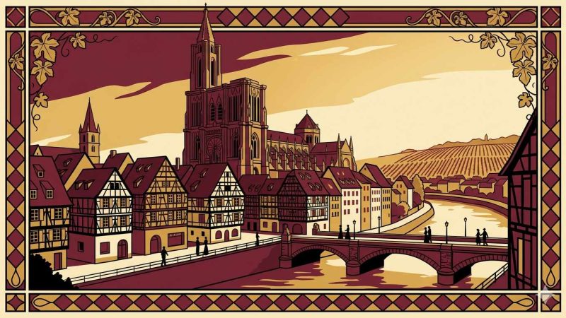 Affiche Art Déco années 20 illustrant la cathédrale de Strasbourg dominant les maisons alsaciennes à colombages au crépuscule, vignobles et silhouettes élégantes sur un pont de pierre