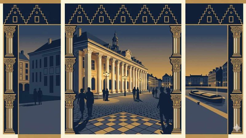 Affiche Art Déco années 20 illustrant la Grand Place de Lille au crépuscule, façade baroque de la Vieille Bourse dorée sous les lampadaires, silhouettes élégantes sur les pavés et péniche sur le canal