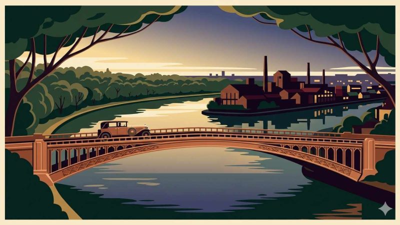 Affiche Art Déco années 20 illustrant Boulogne-Billancourt au crépuscule, île Seguin en silhouette sur la Seine, Bois de Boulogne à l'horizon et pont Art Déco avec automobile de luxe