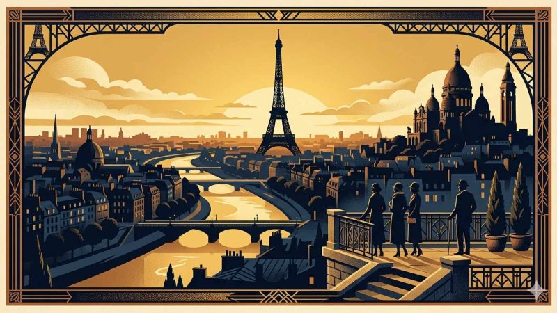 affiche-art-deco-ile-de-france-paris Alt : Affiche Art Déco années 20 illustrant le panorama de Paris au crépuscule depuis Montmartre, Tour Eiffel et Sacré-Cœur en silhouette sur un ciel doré, Seine serpentant dans la ville