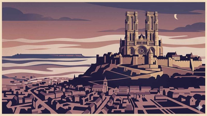 Affiche Art Déco années 20 illustrant la cathédrale de Laon perchée sur sa colline au crépuscule, tours jumelles émergeant d'une mer de brume matinale, ville basse étalée dans la plaine axoise