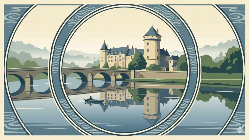 Affiche Art Déco années 20 illustrant le vieux château de Laval et son donjon reflétés dans la Mayenne à l'aube, pont de pierre et collines du bocage dans la brume