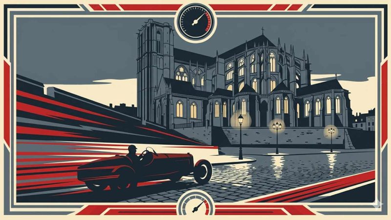 Affiche Art Déco années 20 illustrant la cathédrale Saint-Julien du Mans au crépuscule, voiture de course vintage en silhouette sur les remparts de la vieille ville