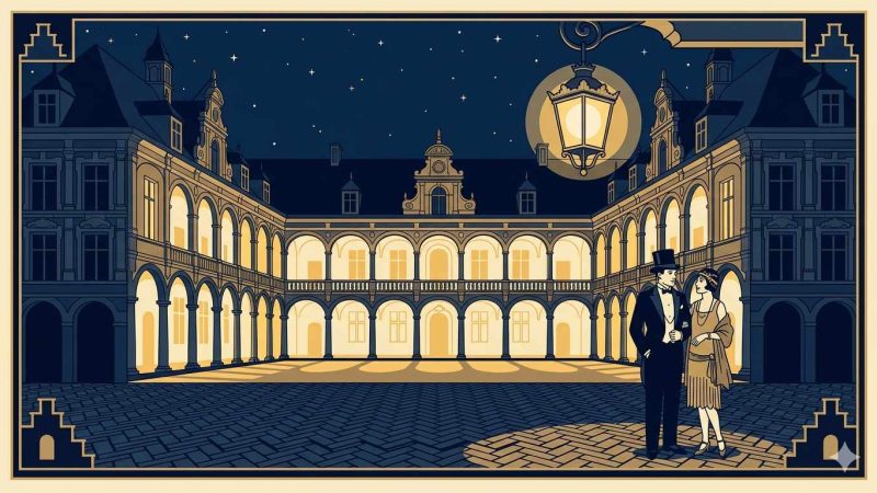 ffiche Art Déco années 20 illustrant la Vieille Bourse de Lille la nuit, cour à arcades dorée illuminée de l'intérieur, couple en tenue de soirée sous un lampadaire et toits flamands en silhouette
