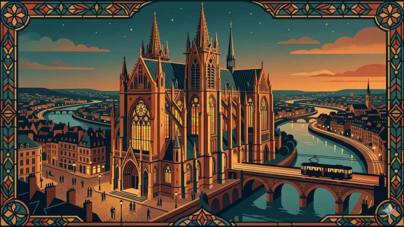 Affiche Art Déco années 20 illustrant la cathédrale Saint-Étienne de Metz illuminée au crépuscule, vitraux rayonnants, Moselle en fond et tramway en silhouette sur le pont