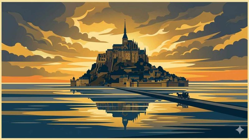 Affiche Art Déco années 20 illustrant le Mont-Saint-Michel à marée haute au coucher du soleil, flèche abbatiale transperçant un ciel d'or dramatique, reflet dans la baie et silhouette de calèche sur la digue