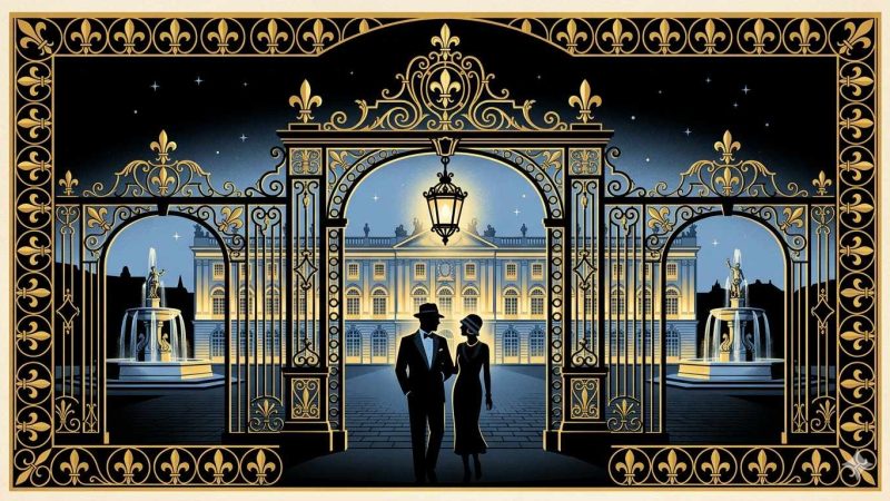 Affiche Art Déco années 20 illustrant la Place Stanislas de Nancy la nuit, grilles dorées et fontaines illuminées, façade de l'Hôtel de Ville, couple sous un lampadaire ouvragé