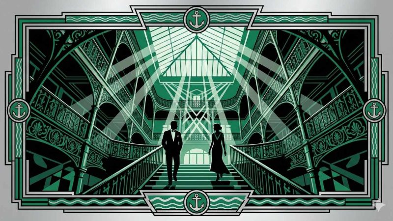 Affiche Art Déco années 20 illustrant le passage Pommeraye de Nantes vu du bas, balcons en fer forgé et verrière géométrique, deux silhouettes en tenue de soirée